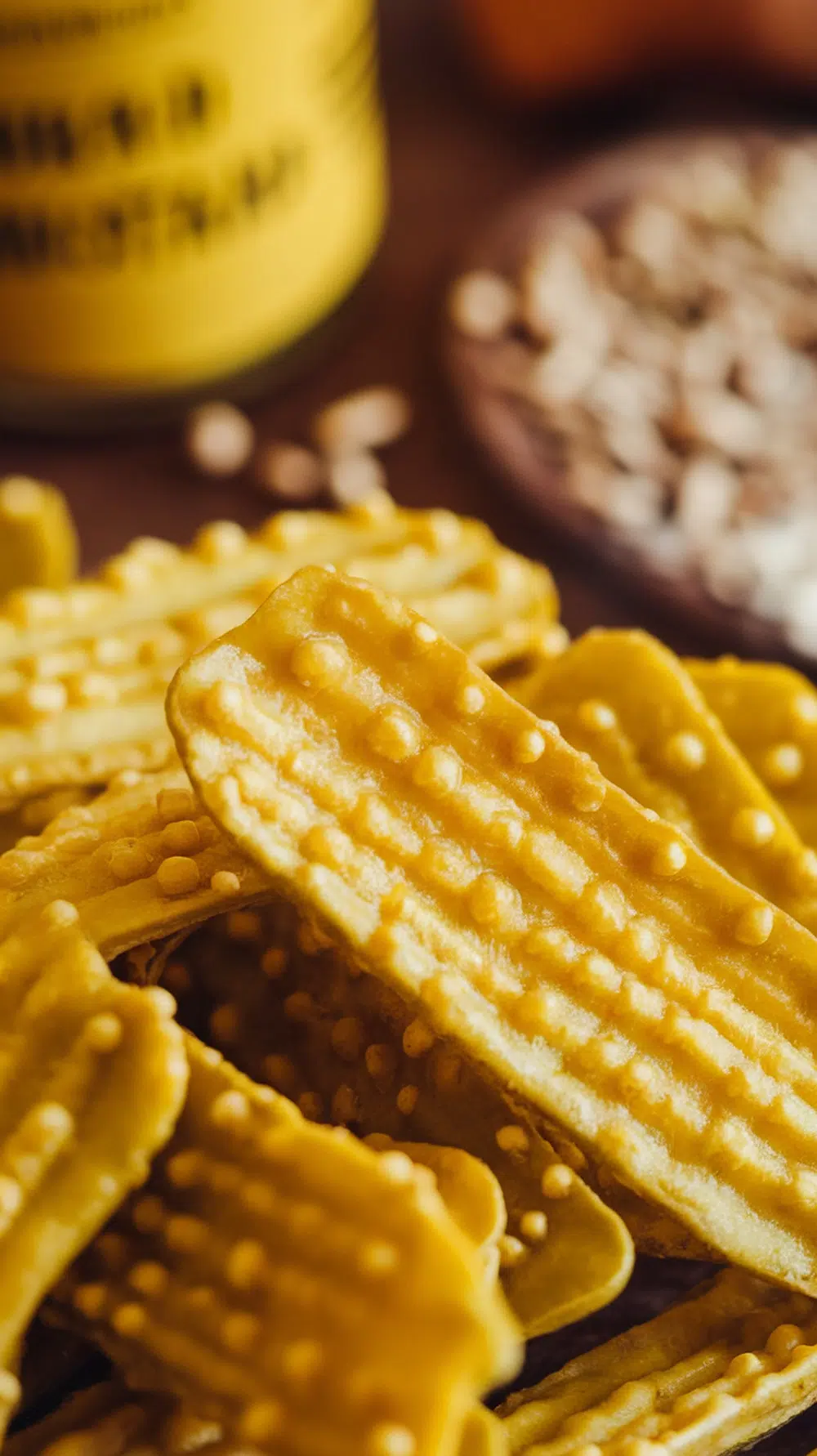 A close-up of tangy mustard pickle chips, showcasing their yellow color and ridged texture.