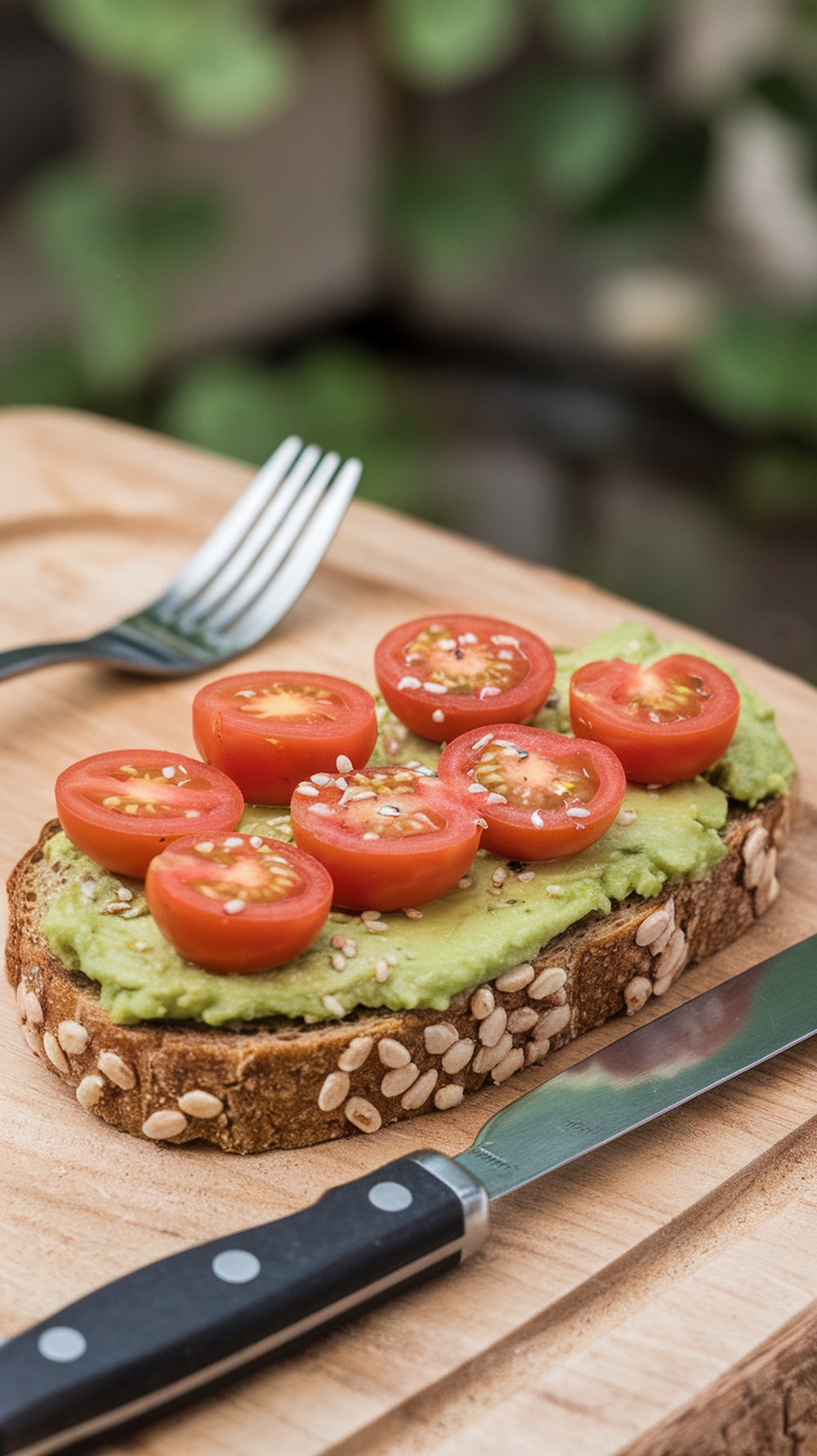 A slice of avocado toast topped with cherry tomatoes on a wooden board.