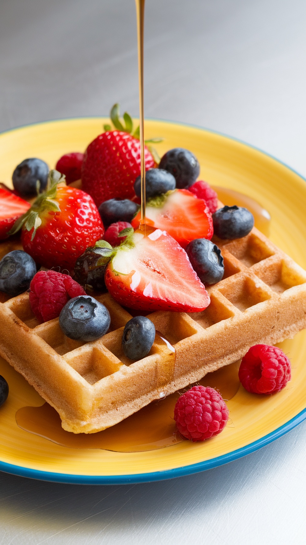 Whole grain waffles topped with fresh strawberries, blueberries, and raspberries, drizzled with syrup on a yellow plate.