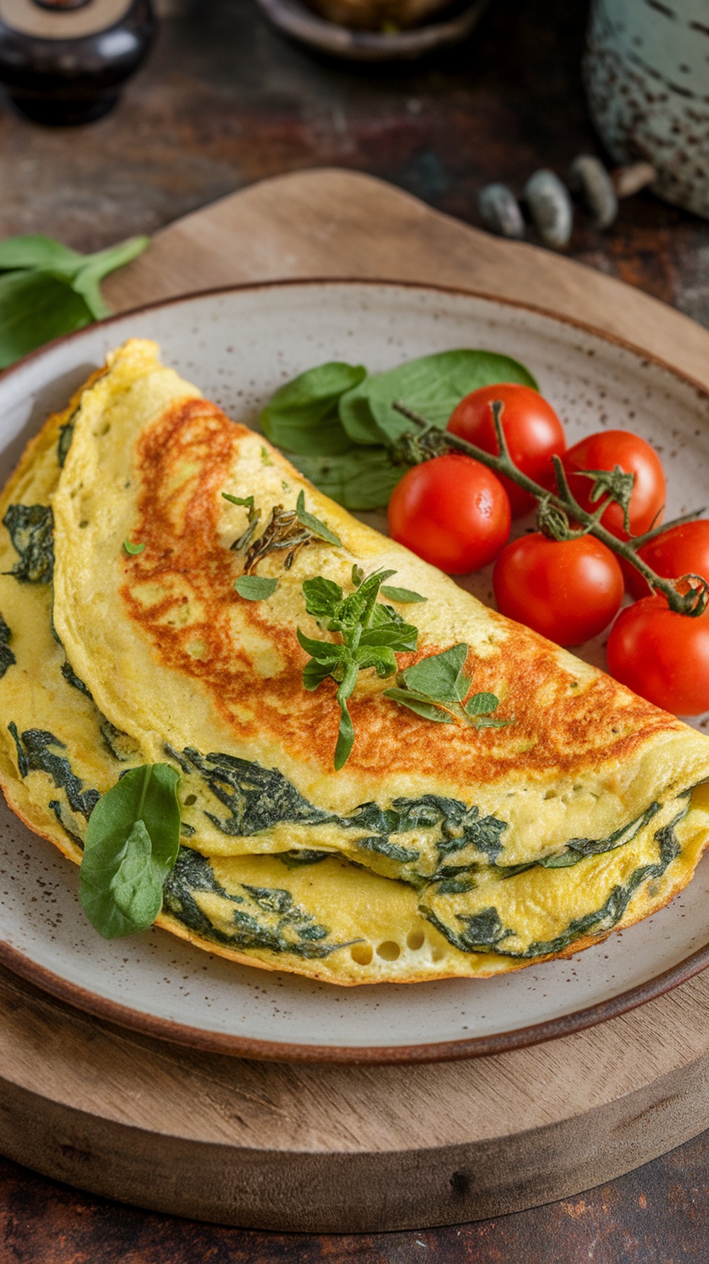 A delicious spinach and feta omelette served with cherry tomatoes.