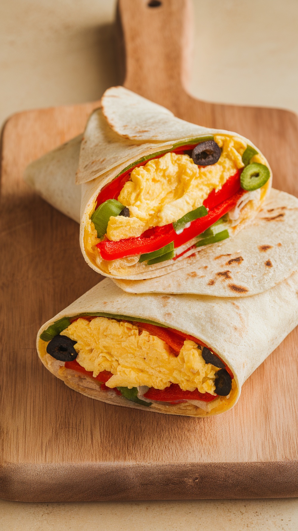 A delicious egg and veggie breakfast wrap with scrambled eggs, red bell peppers, green onions, and black olives, displayed on a wooden cutting board.