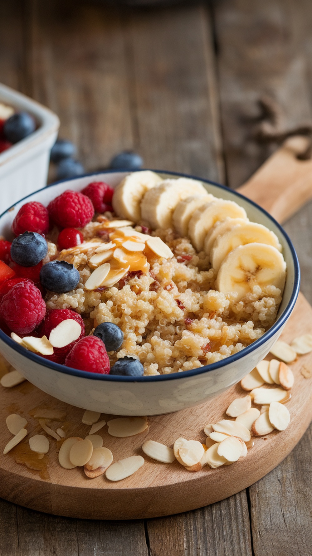 A colorful quinoa breakfast bowl topped with bananas, raspberries, blueberries, and sliced almonds.
