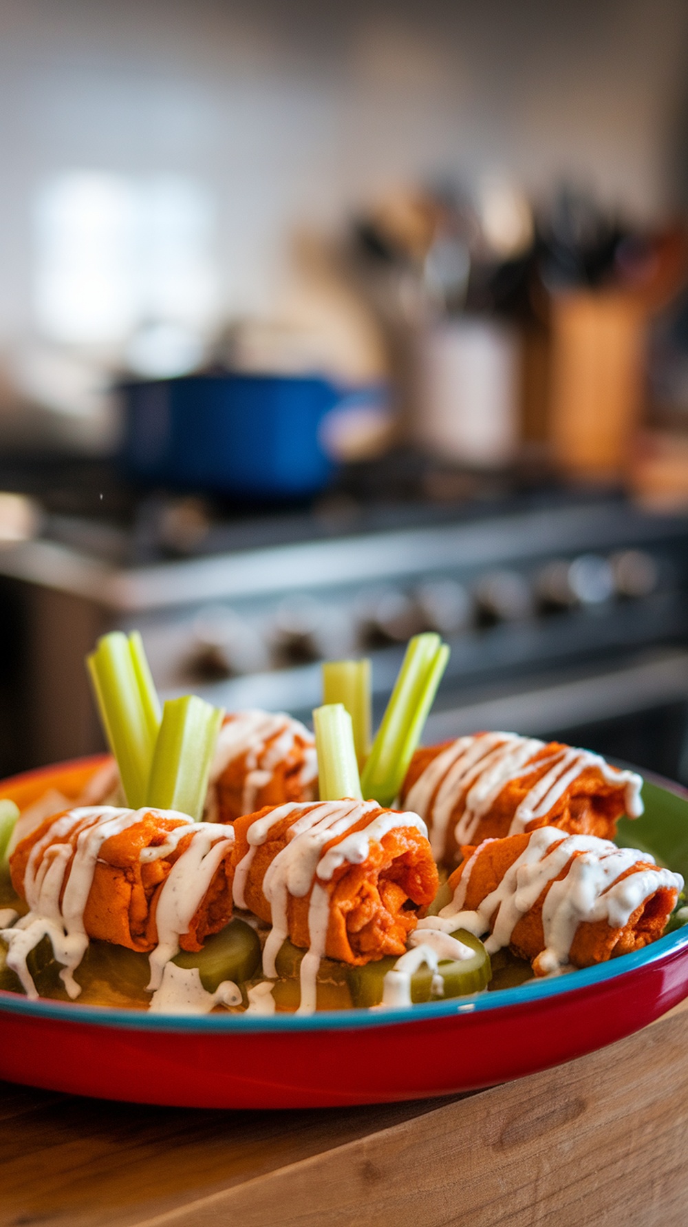 Plate of Buffalo Chicken and Pickle Roll-Ups with ranch dressing and celery sticks