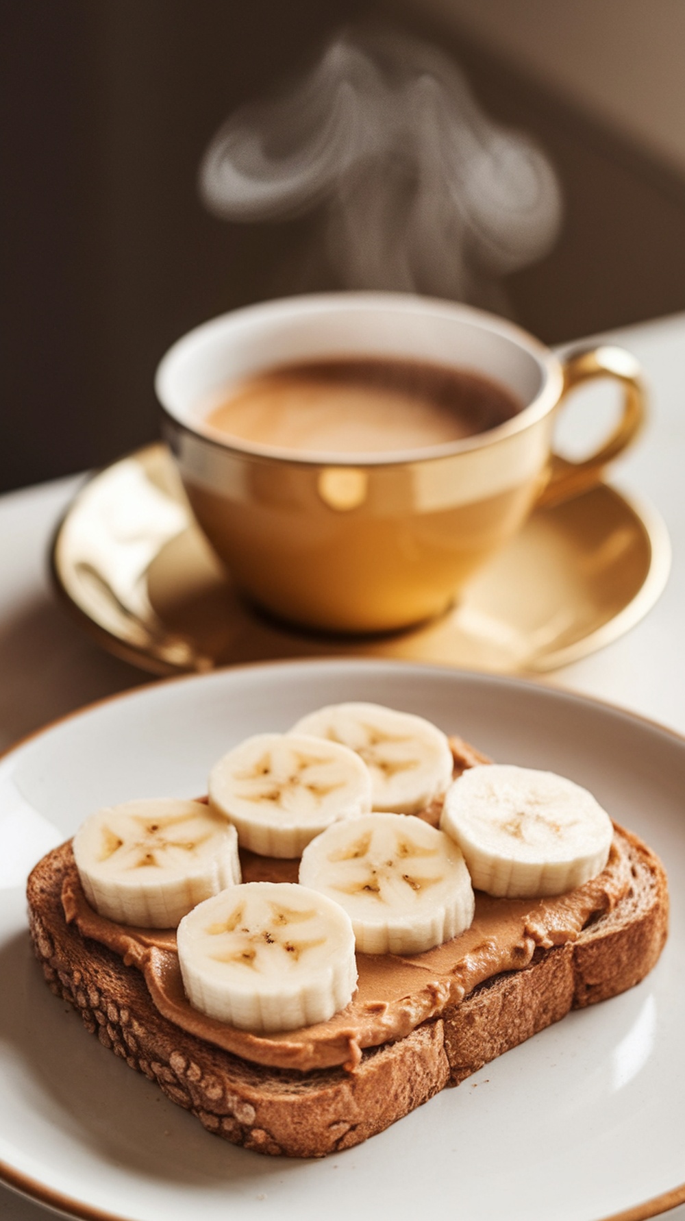 A slice of peanut butter and banana toast on a plate with a steaming cup of coffee in the background.