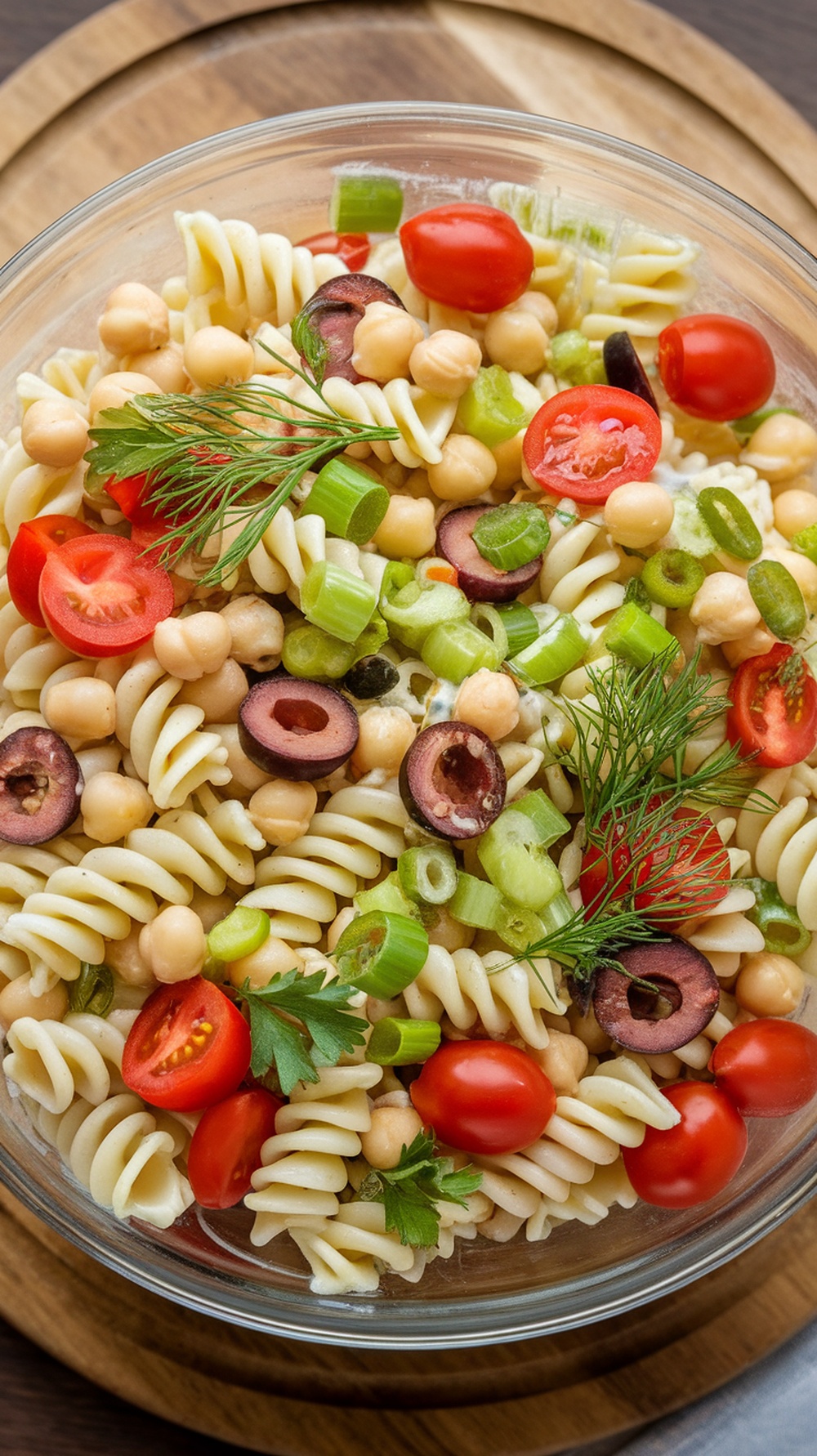 A colorful bowl of Vegetarian Dill Pickle Pasta Salad with chickpeas, cherry tomatoes, olives, and herbs.