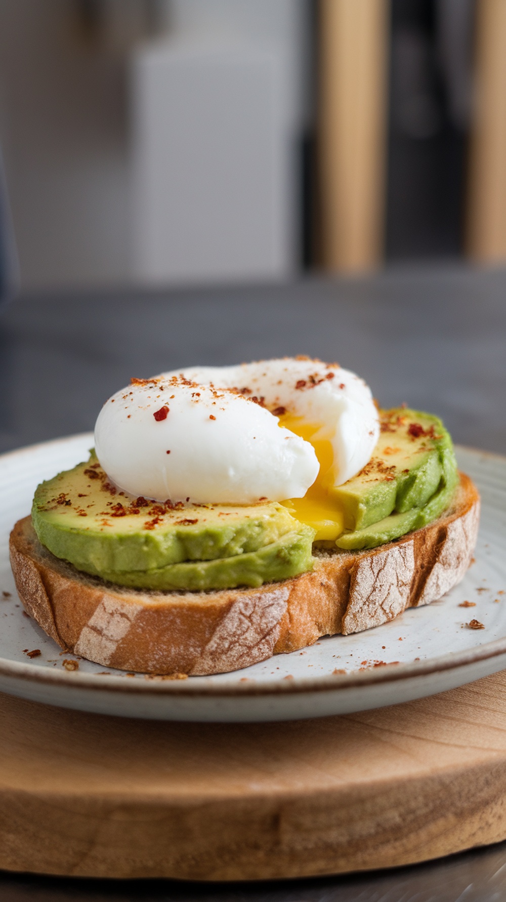 A plate of avocado toast topped with poached eggs and red pepper flakes.