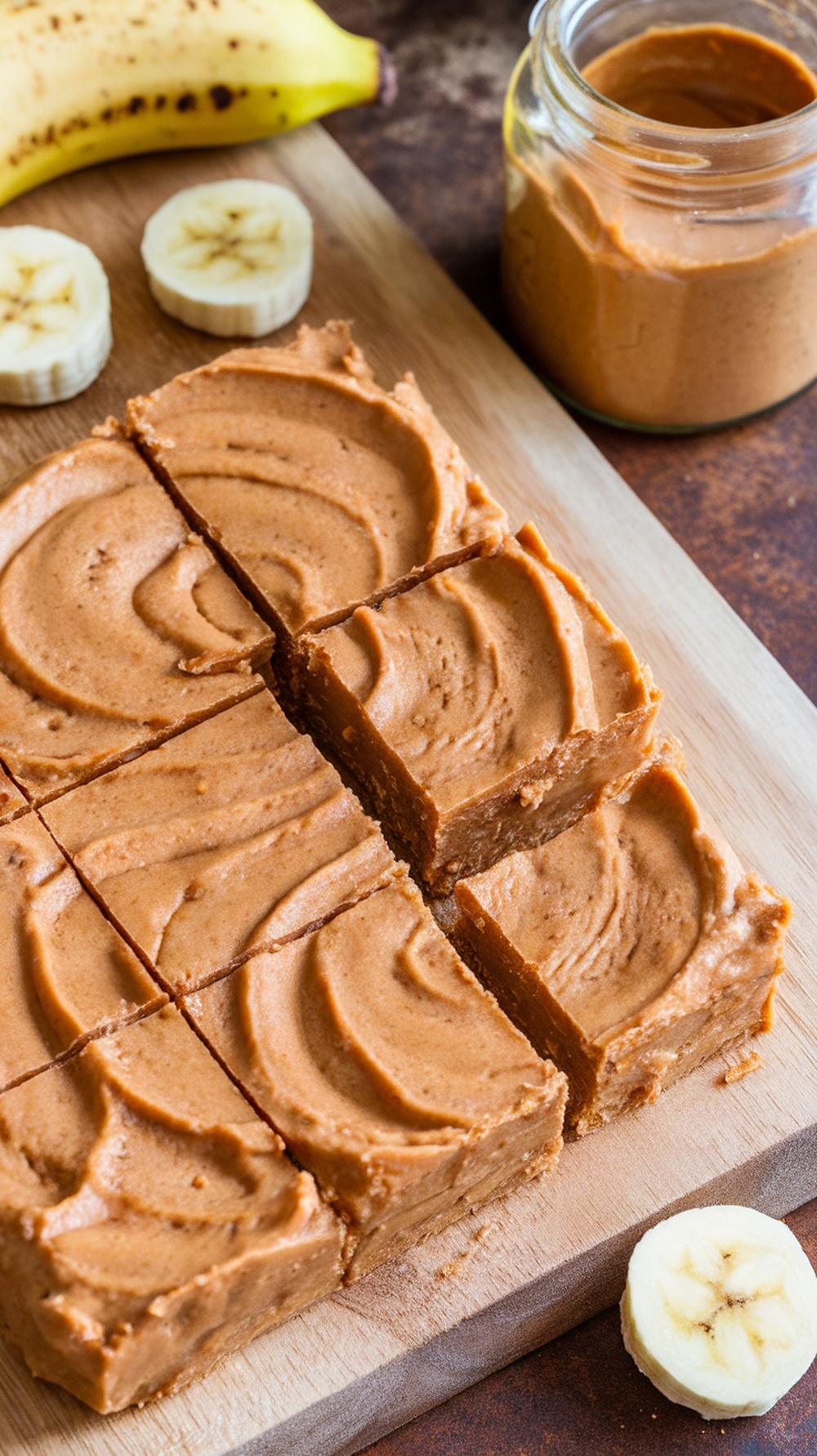 Peanut Butter Banana Protein Bars cut into squares with banana slices and a jar of peanut butter in the background.