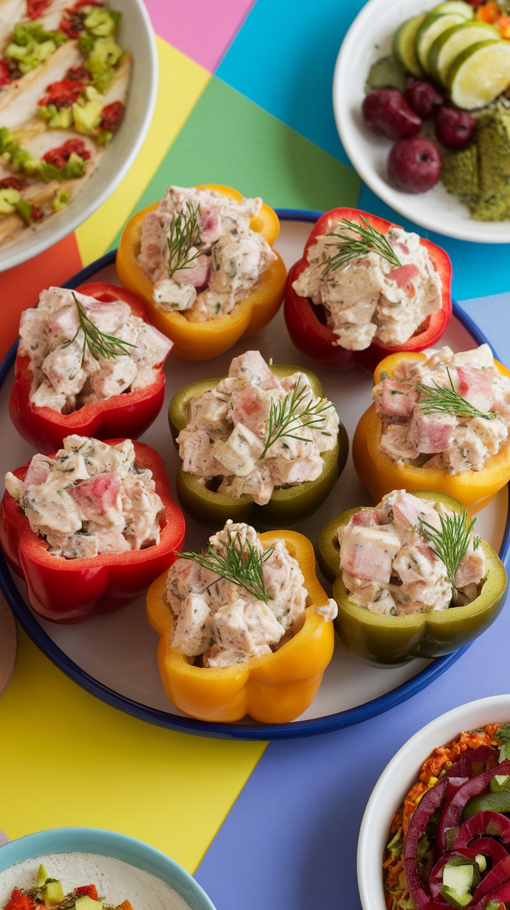 Colorful stuffed peppers filled with dill pickle chicken salad on a vibrant background.