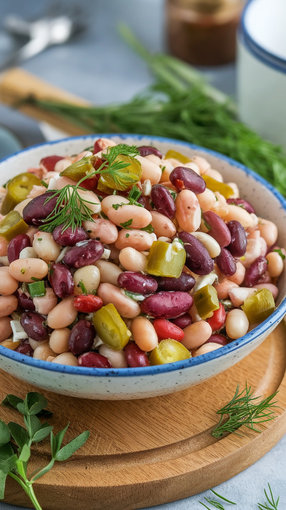 A bowl of Spicy Dill Pickle Bean Salad featuring a colorful mix of beans and pickles.