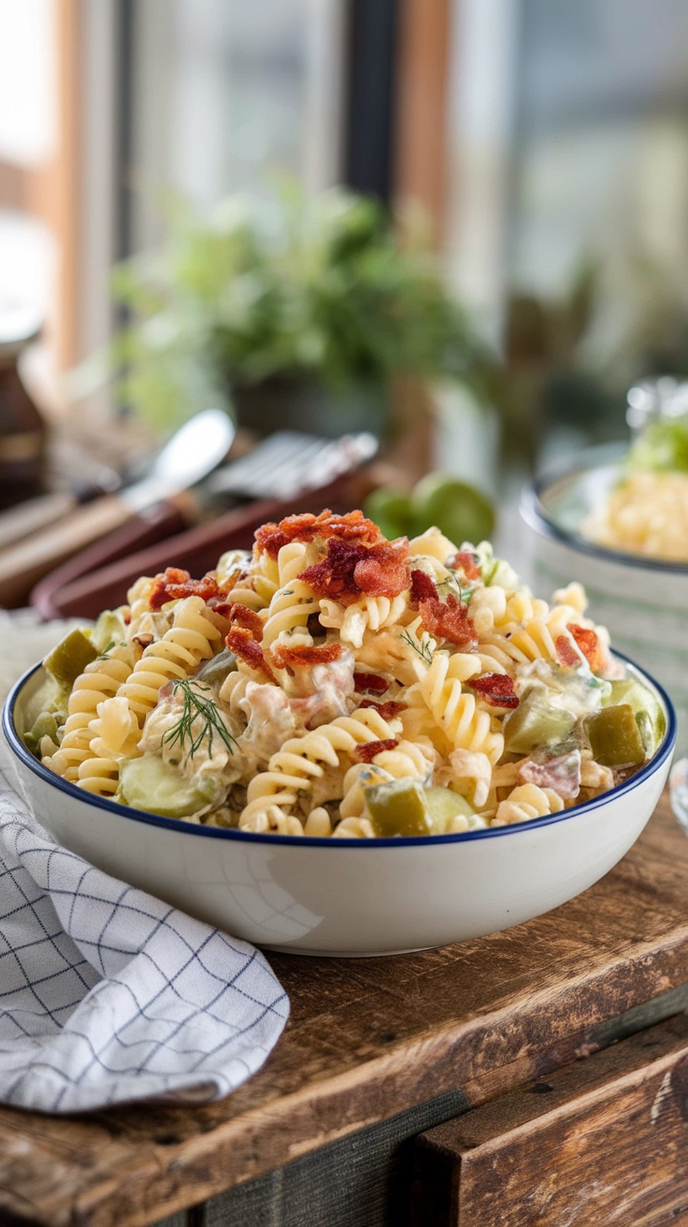 Creamy dill pickle pasta salad with bacon in a rustic bowl