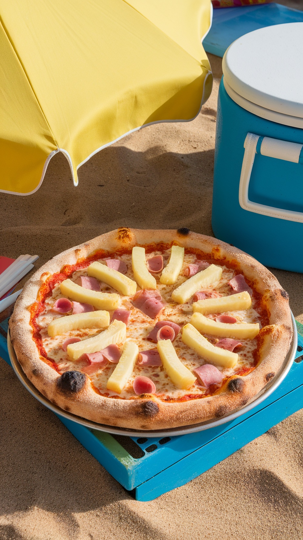 Sweet and Sour Pickle Hawaiian Pizza on a beach setting with a yellow umbrella