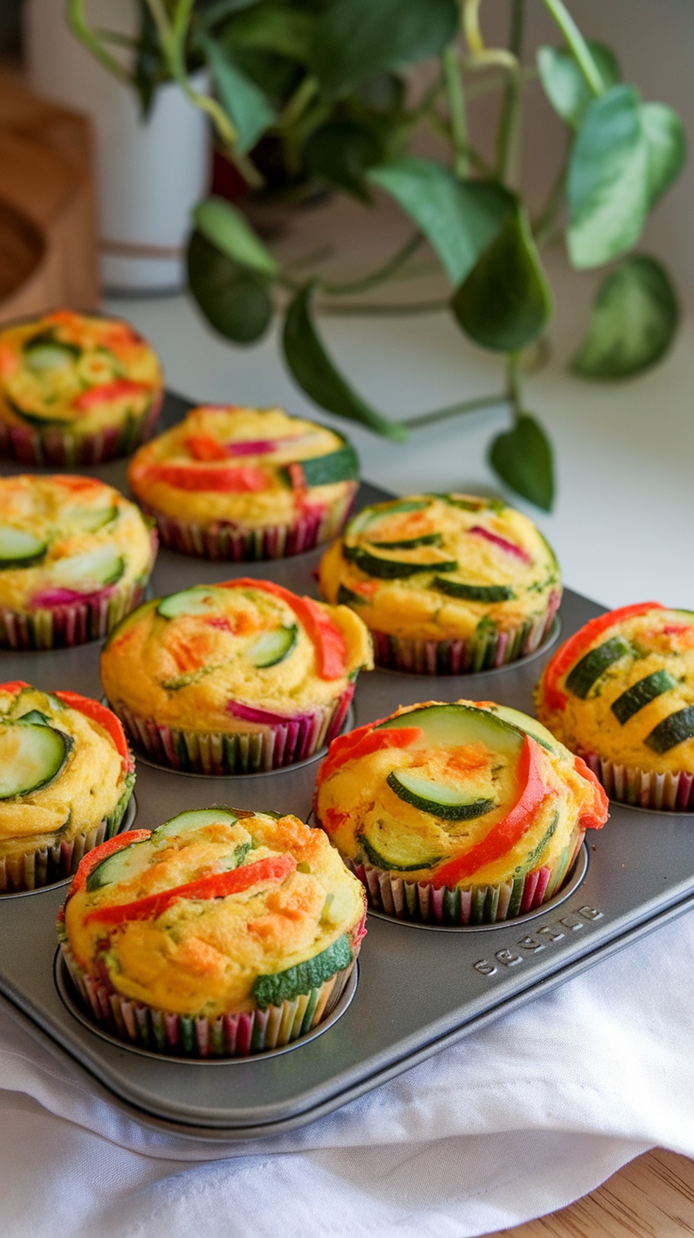 A tray of colorful egg and veggie muffins with zucchini and bell peppers, freshly baked and ready to eat.