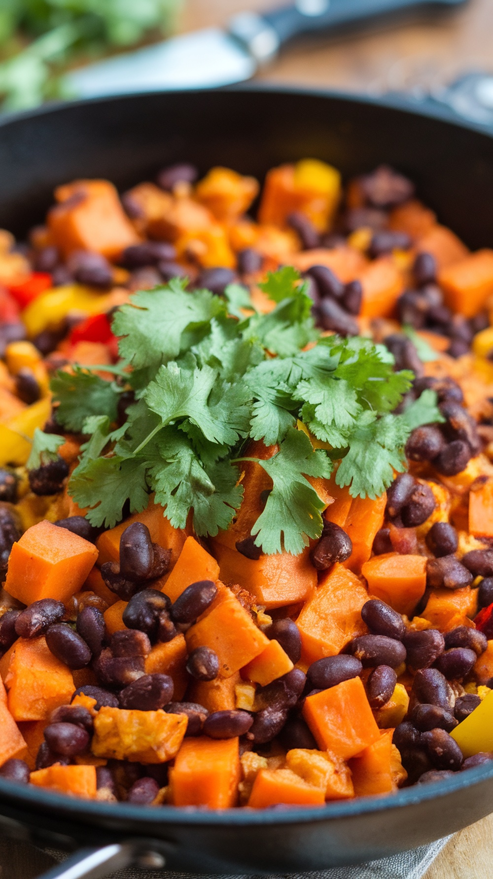 A colorful sweet potato hash with black beans and cilantro in a skillet.