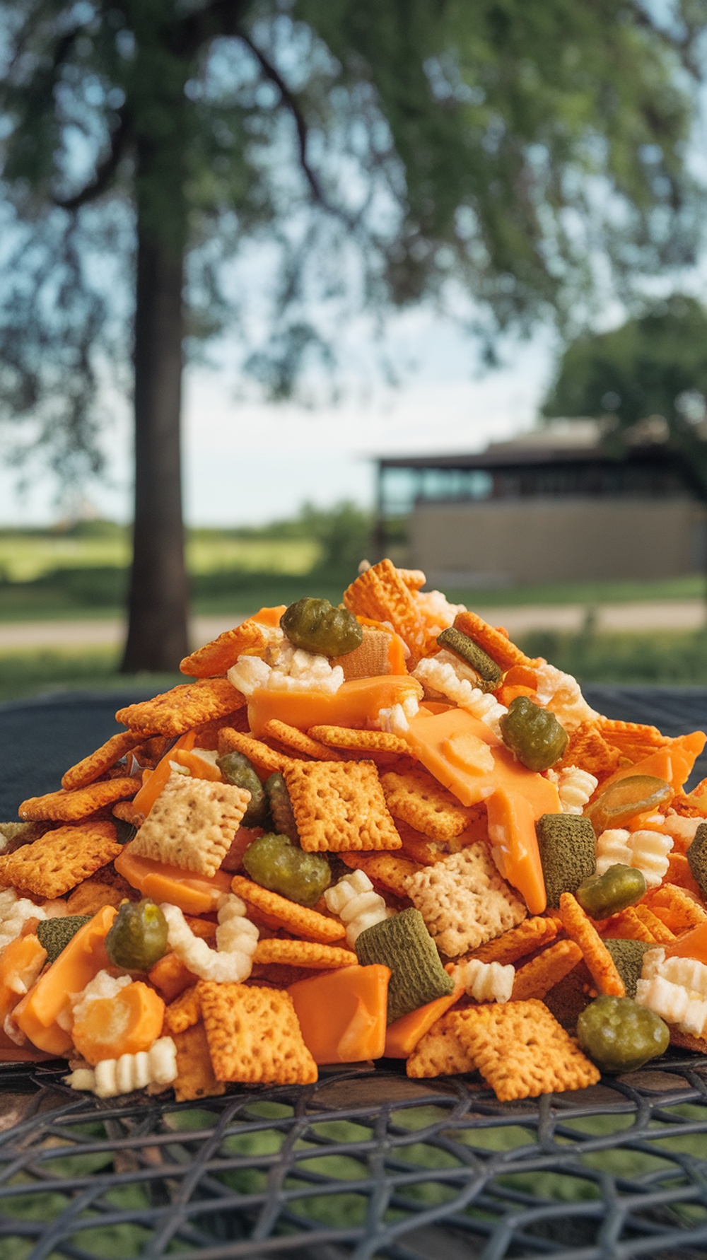 A colorful pile of Cheddar Dill Pickle Chex Mix featuring Chex cereal, cheddar cheese squares, and dill pickle bits.