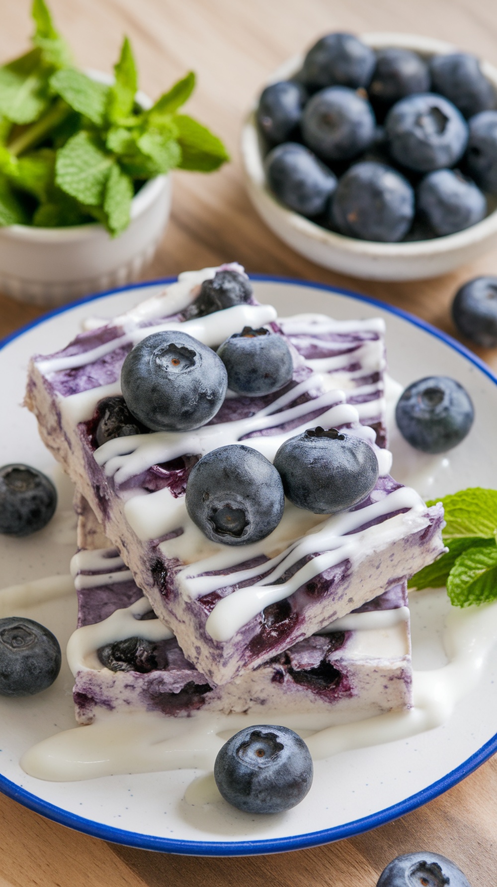 Blueberry Greek yogurt bars topped with blueberries and a yogurt drizzle