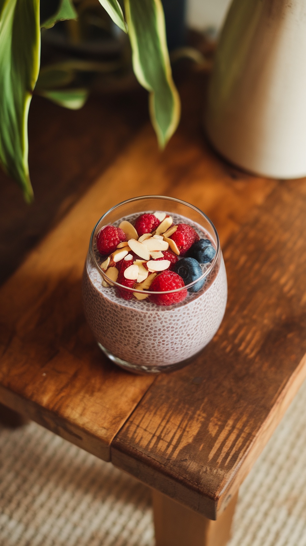 Chia seed pudding topped with raspberries, blueberries, and almonds in a glass on a wooden table.