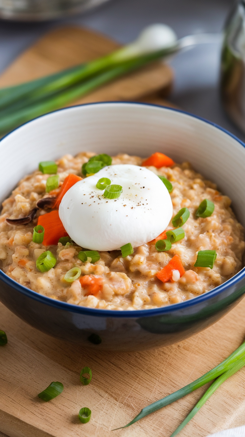 A bowl of savory oatmeal topped with a poached egg, diced carrots, and green onions.