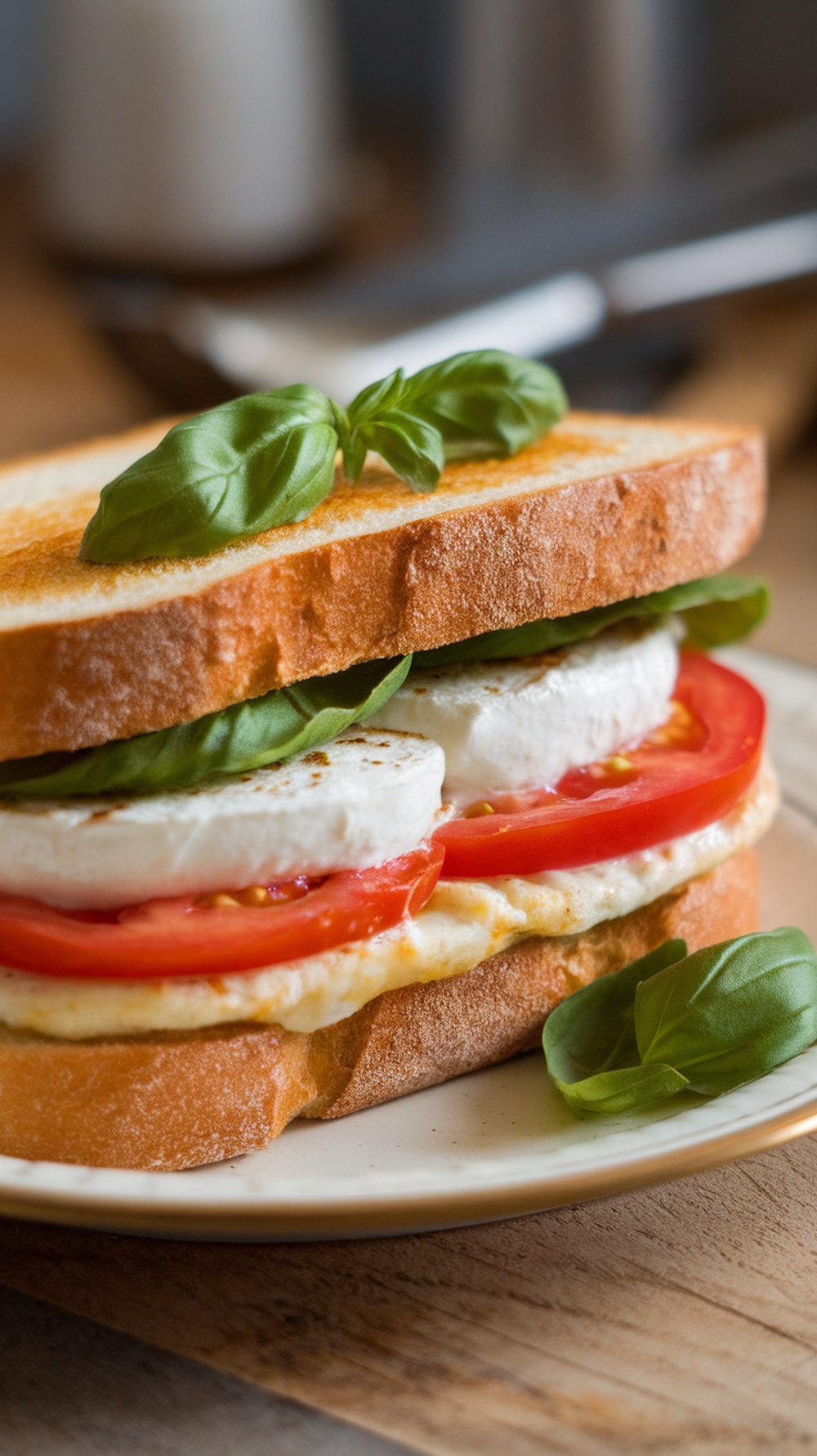 A delicious Caprese breakfast sandwich with mozzarella, tomatoes, and basil on toasted bread.