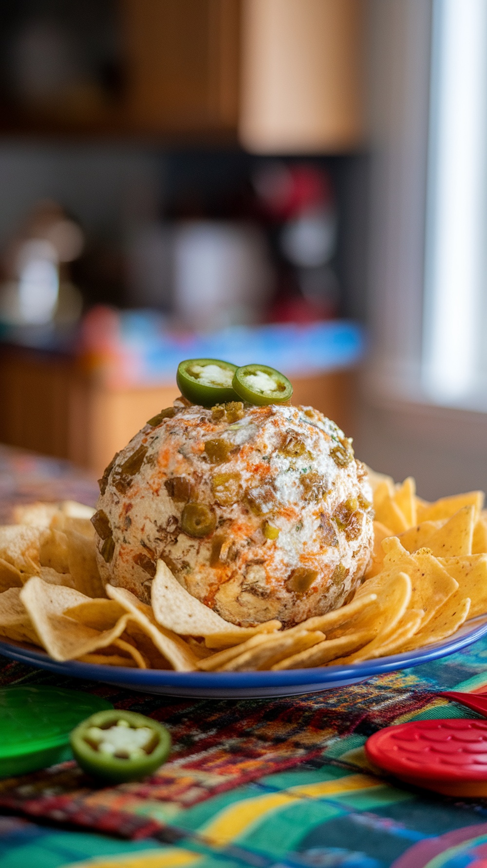 A spicy dill pickle cheese ball topped with jalapeños, surrounded by tortilla chips on a colorful table.