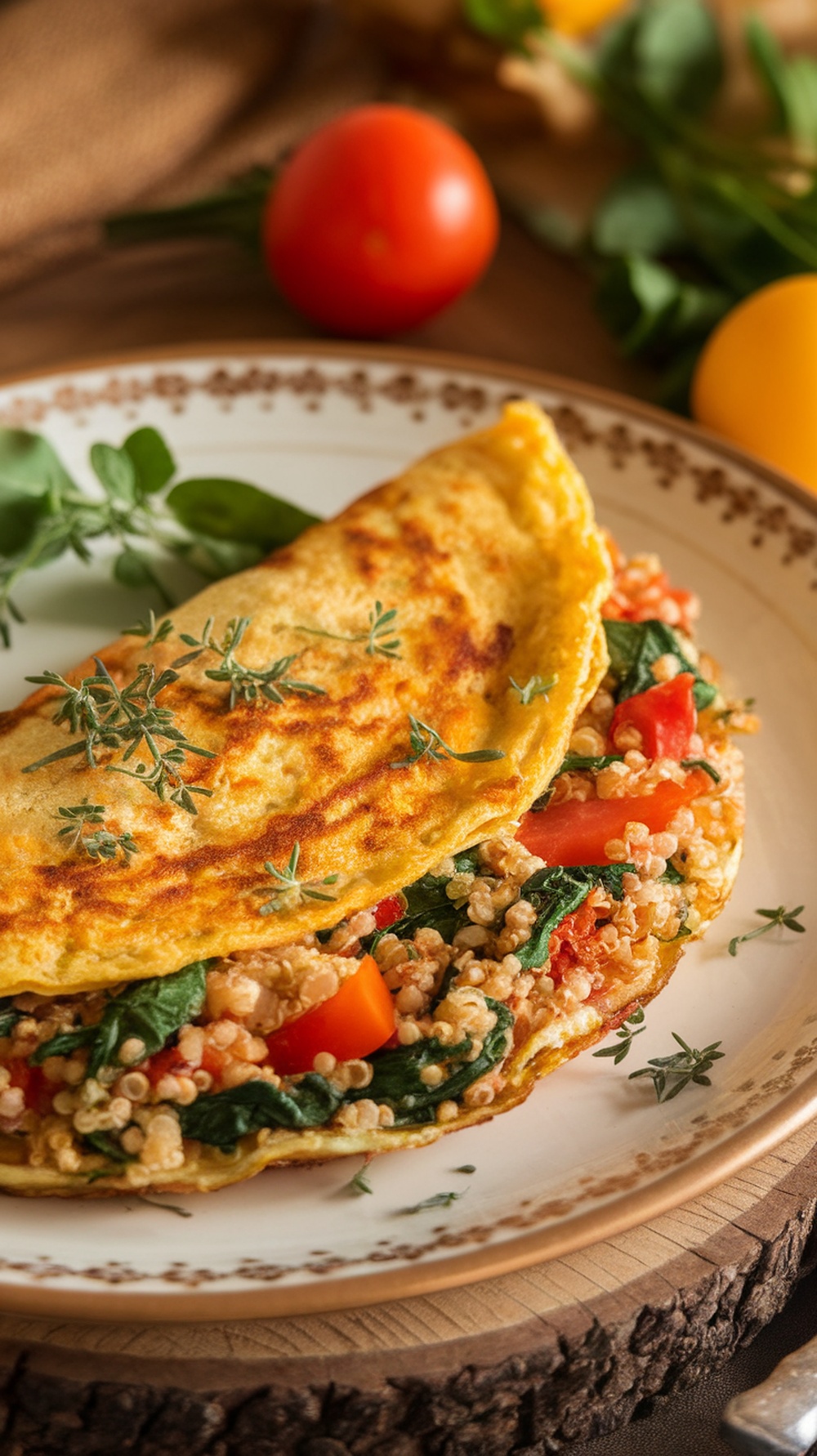 A delicious quinoa and veggie omelette on a plate with fresh herbs and tomatoes.