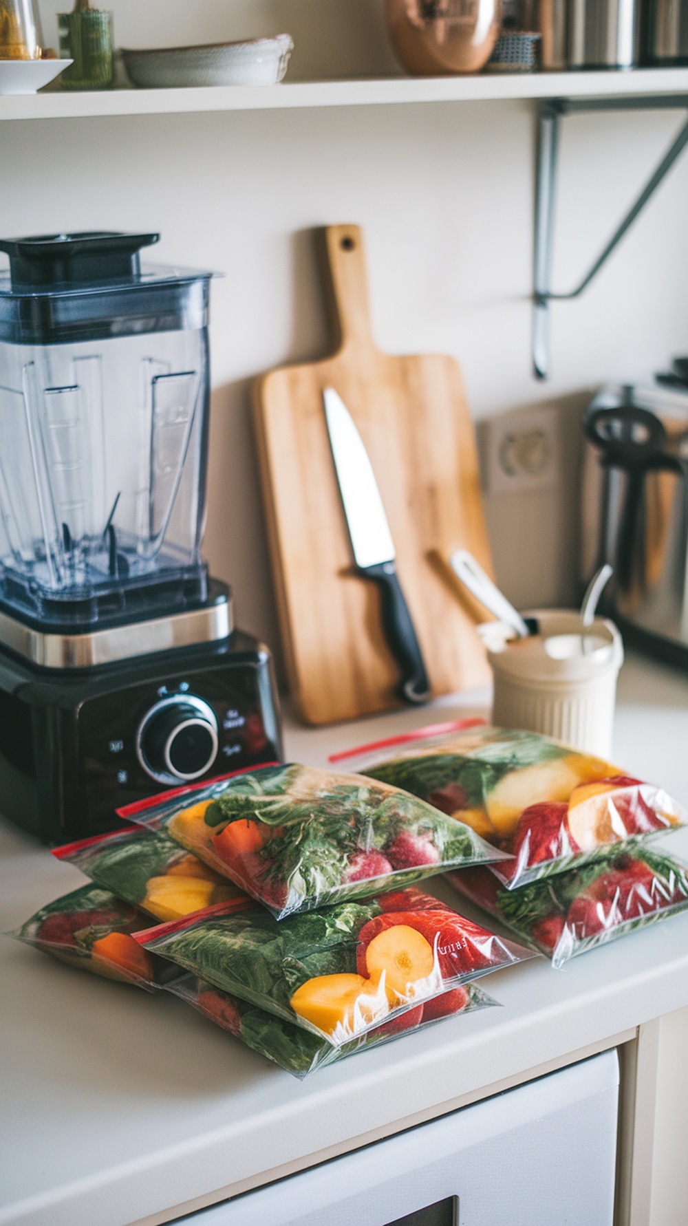 Smoothie packs filled with fruits and greens on a kitchen counter next to a blender.