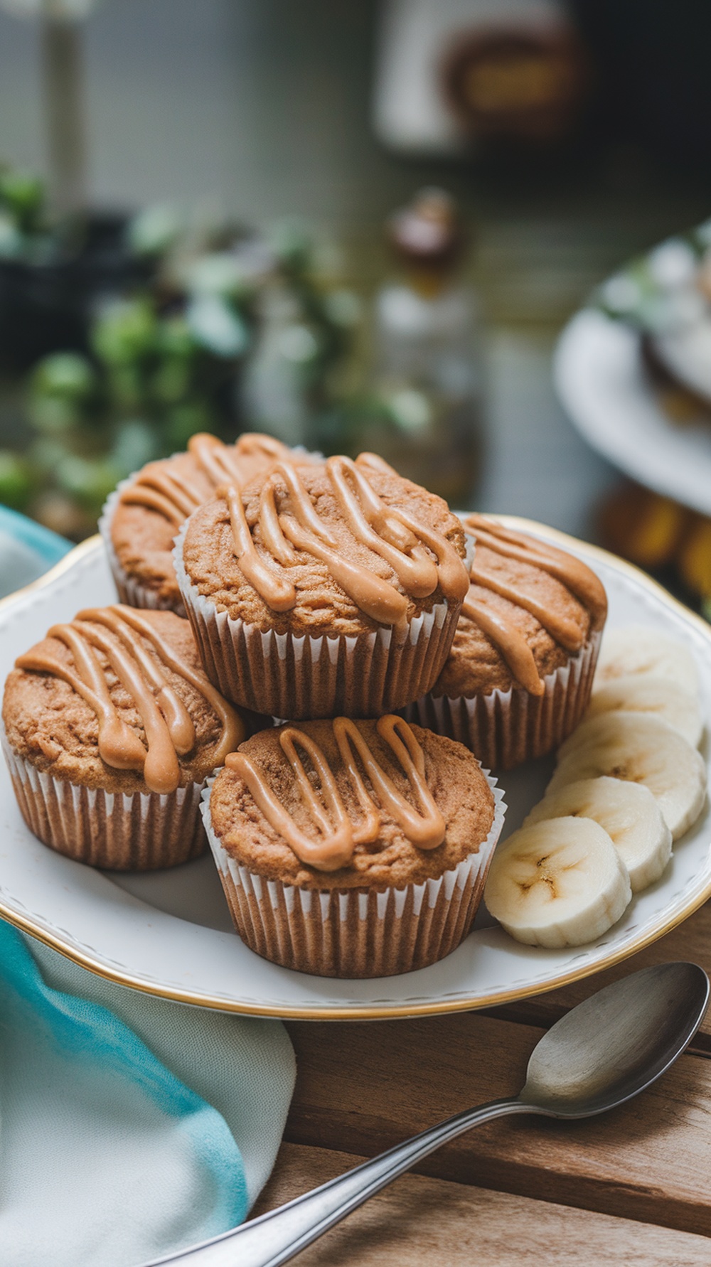 A plate of peanut butter and banana muffins with a drizzle of peanut butter on top, accompanied by sliced bananas.