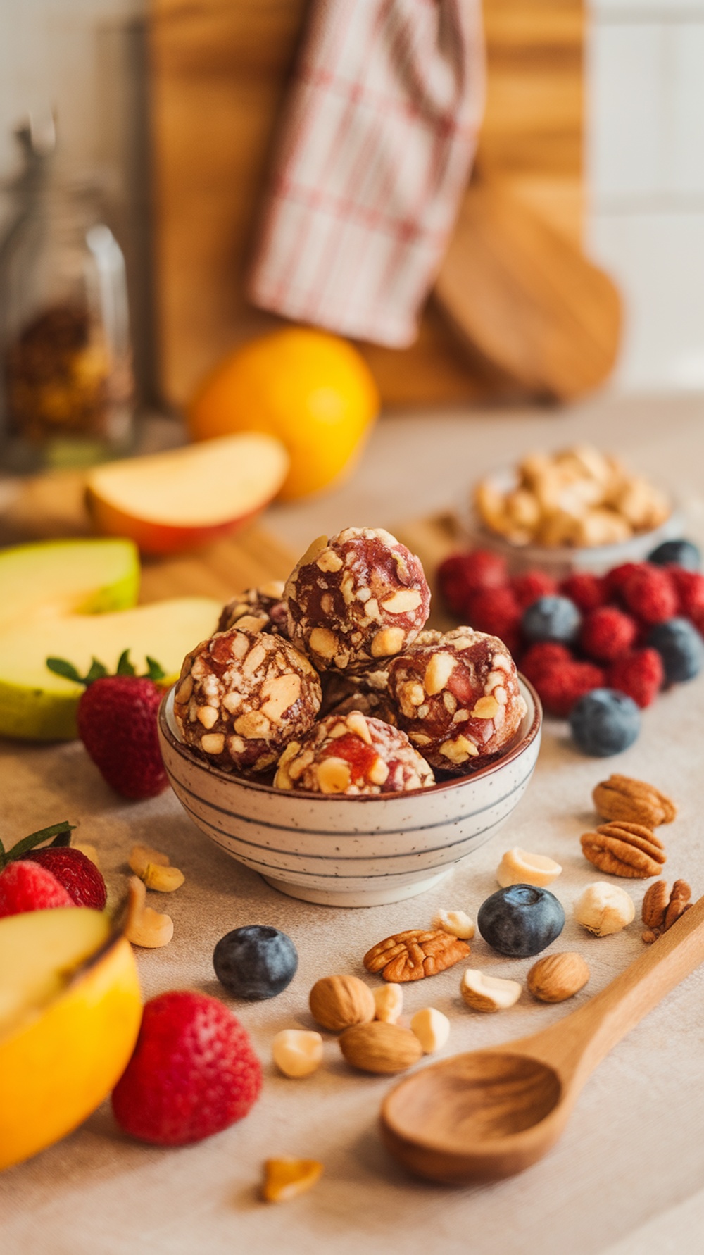 A bowl of fruit and nut energy bites surrounded by fresh fruits and nuts.