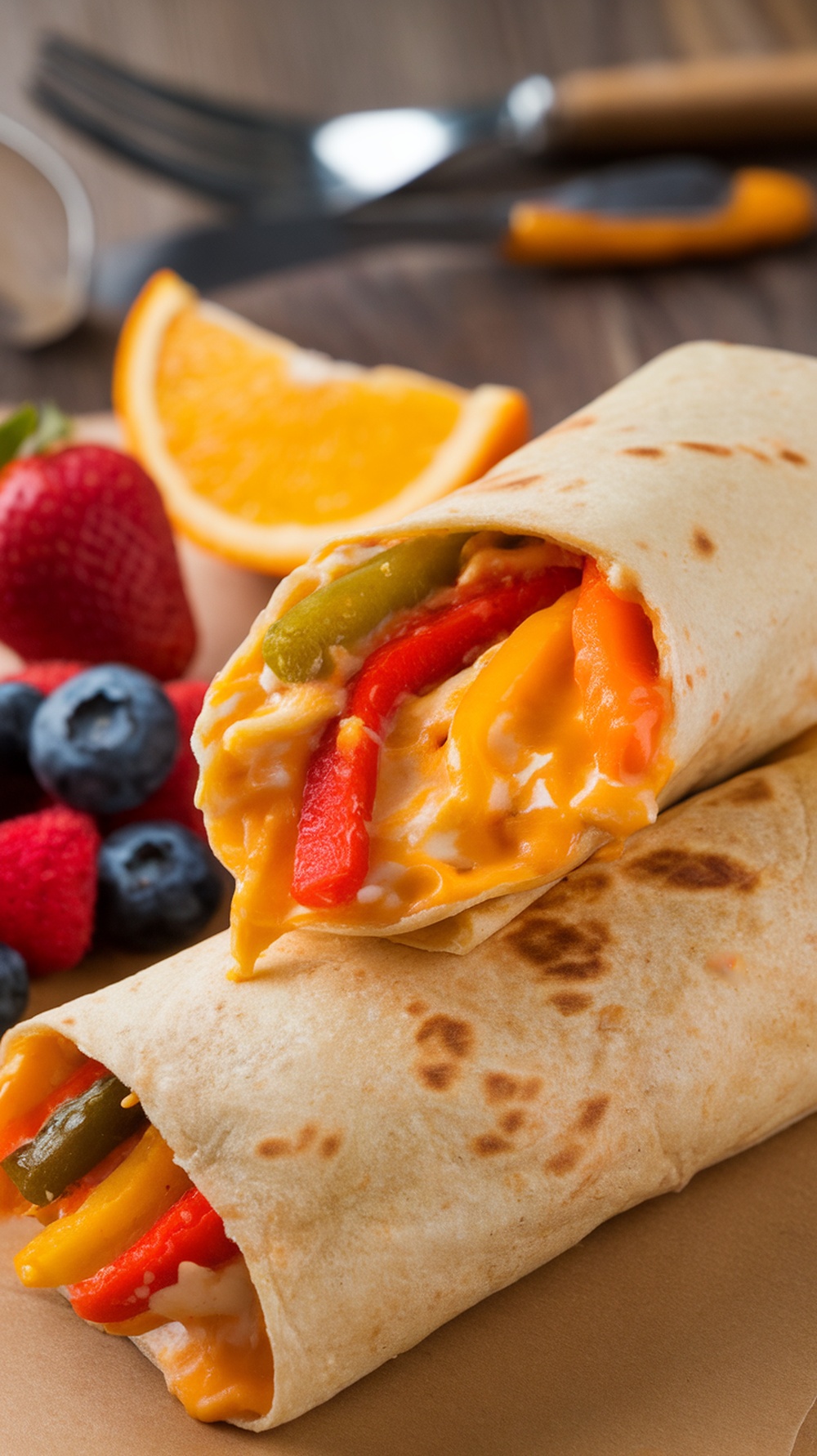 Peppers and Cheese Breakfast Burrito with fresh fruit on the side