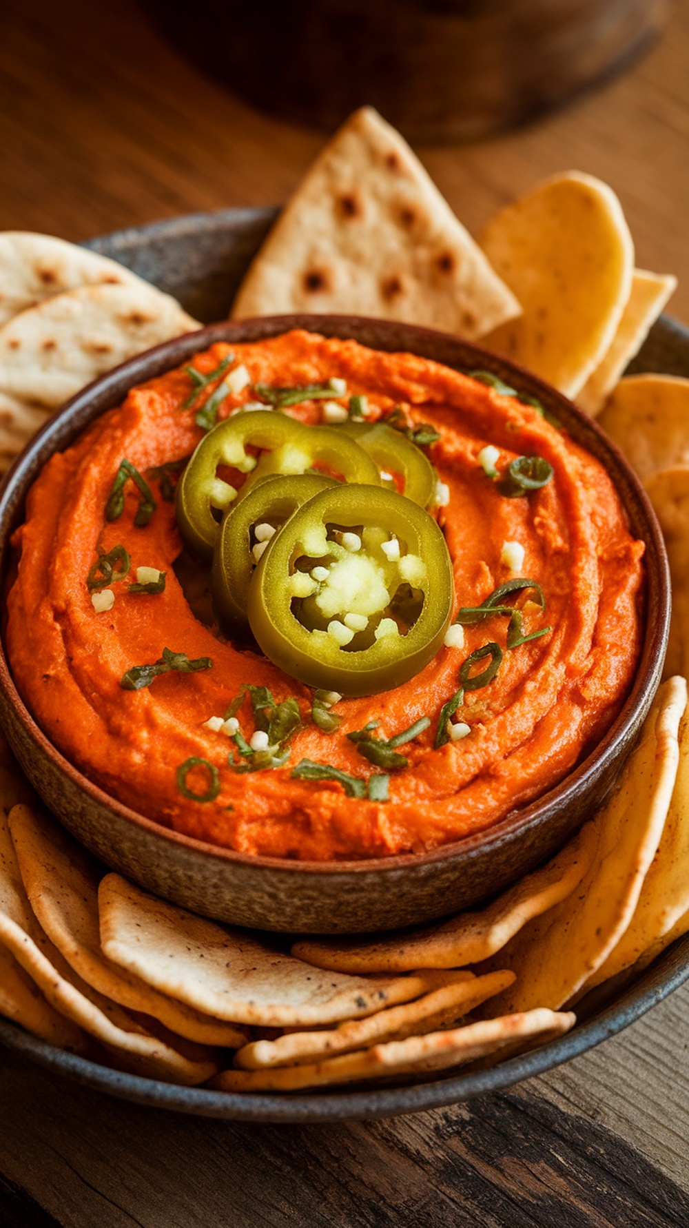 A bowl of Spicy Jalapeño Pickle Roll Up Dip garnished with jalapeño slices, surrounded by crispy crackers.