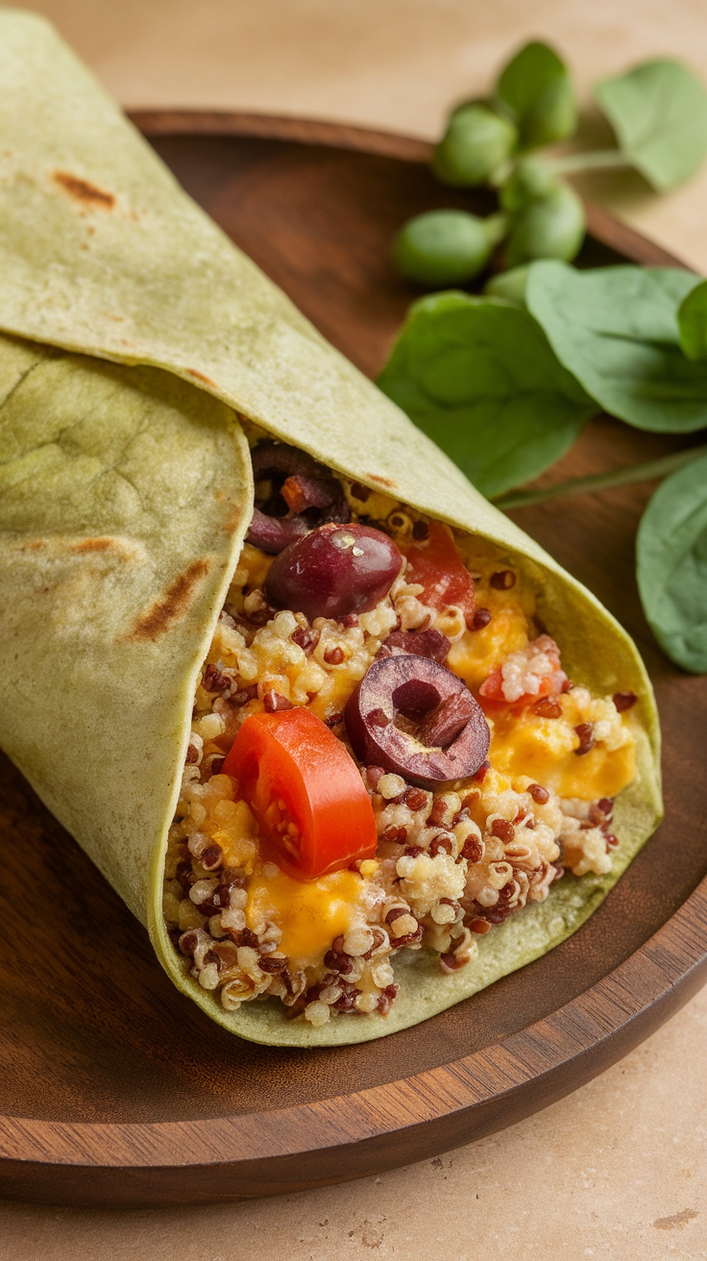 Mediterranean Quinoa Breakfast Burrito with quinoa, olives, and tomatoes in a spinach tortilla