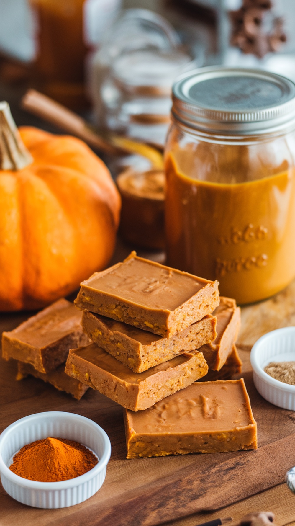 Pumpkin spice protein bars stacked on a wooden board with pumpkin and spices in the background.