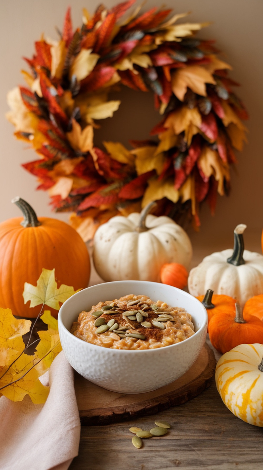 A bowl of pumpkin spice oatmeal surrounded by autumn leaves and pumpkins.
