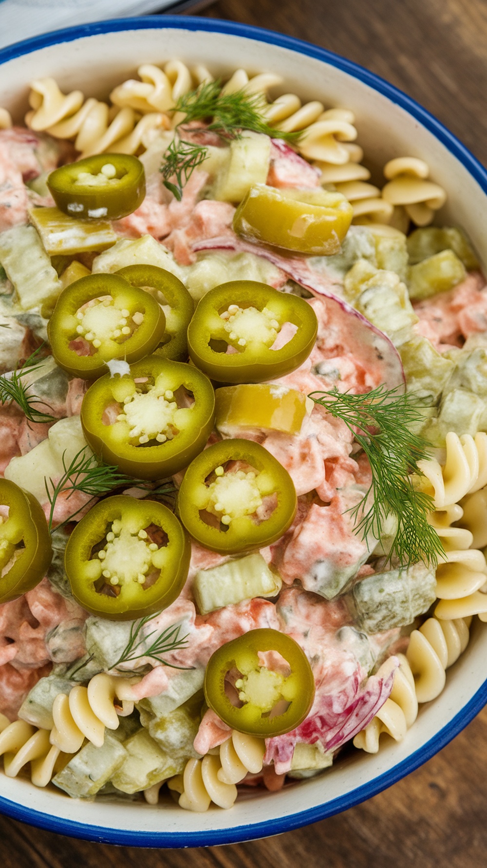 A bowl of spicy dill pickle pasta salad topped with jalapeños and fresh dill.