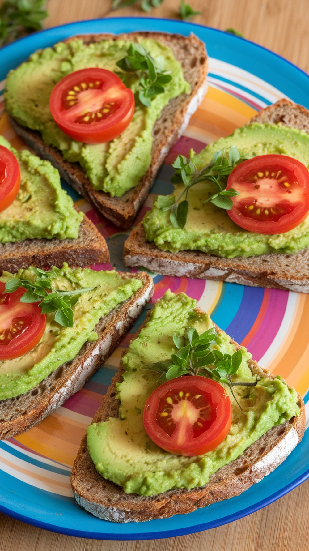 Avocado toast topped with cherry tomatoes on a colorful plate.