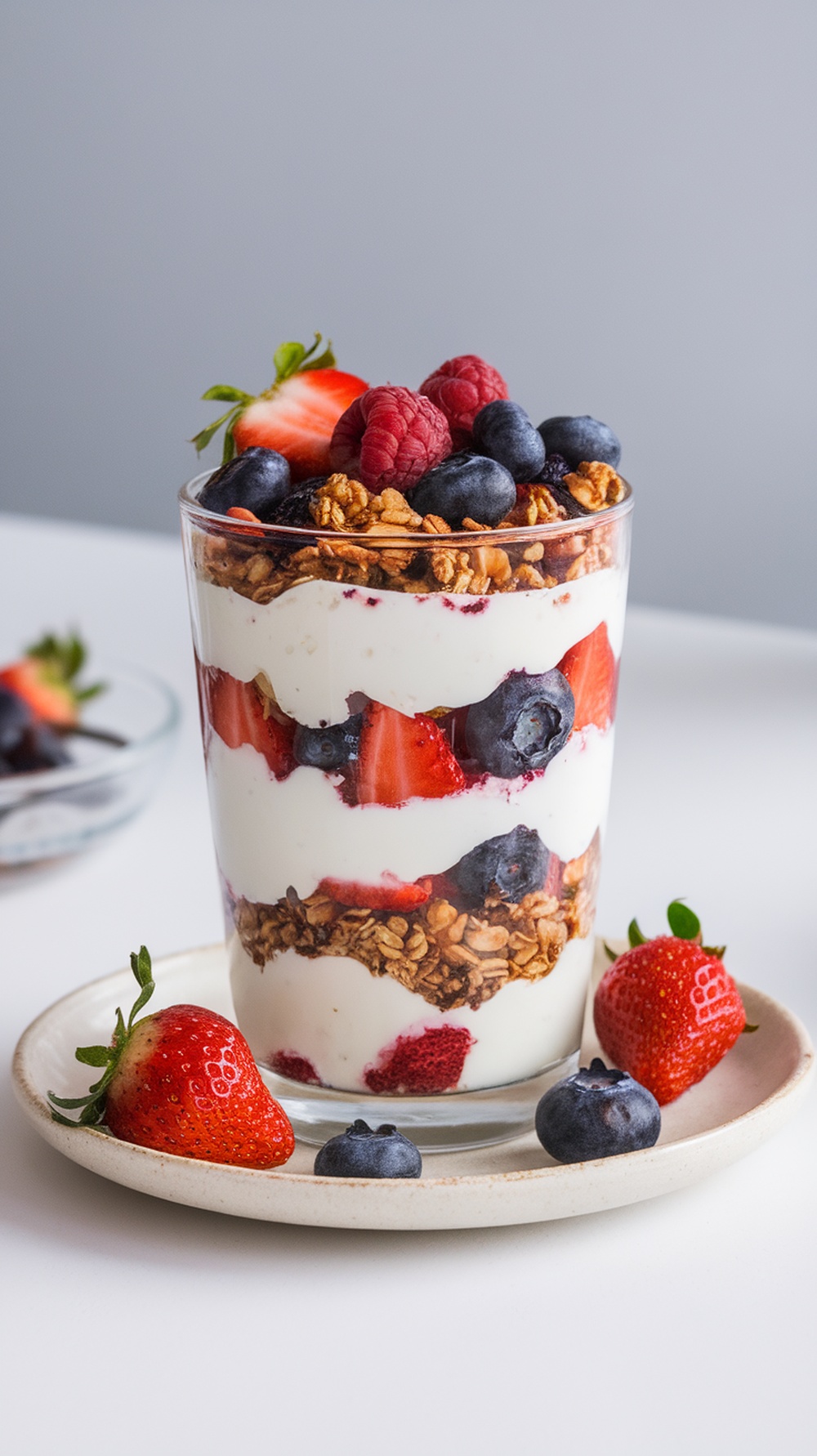 A delicious Greek yogurt parfait layered with granola and fresh berries, served in a glass.