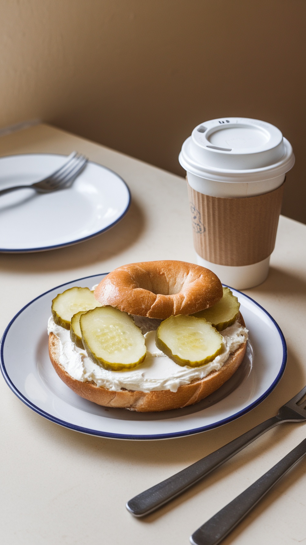 A bagel topped with cream cheese and pickles, accompanied by a coffee cup.