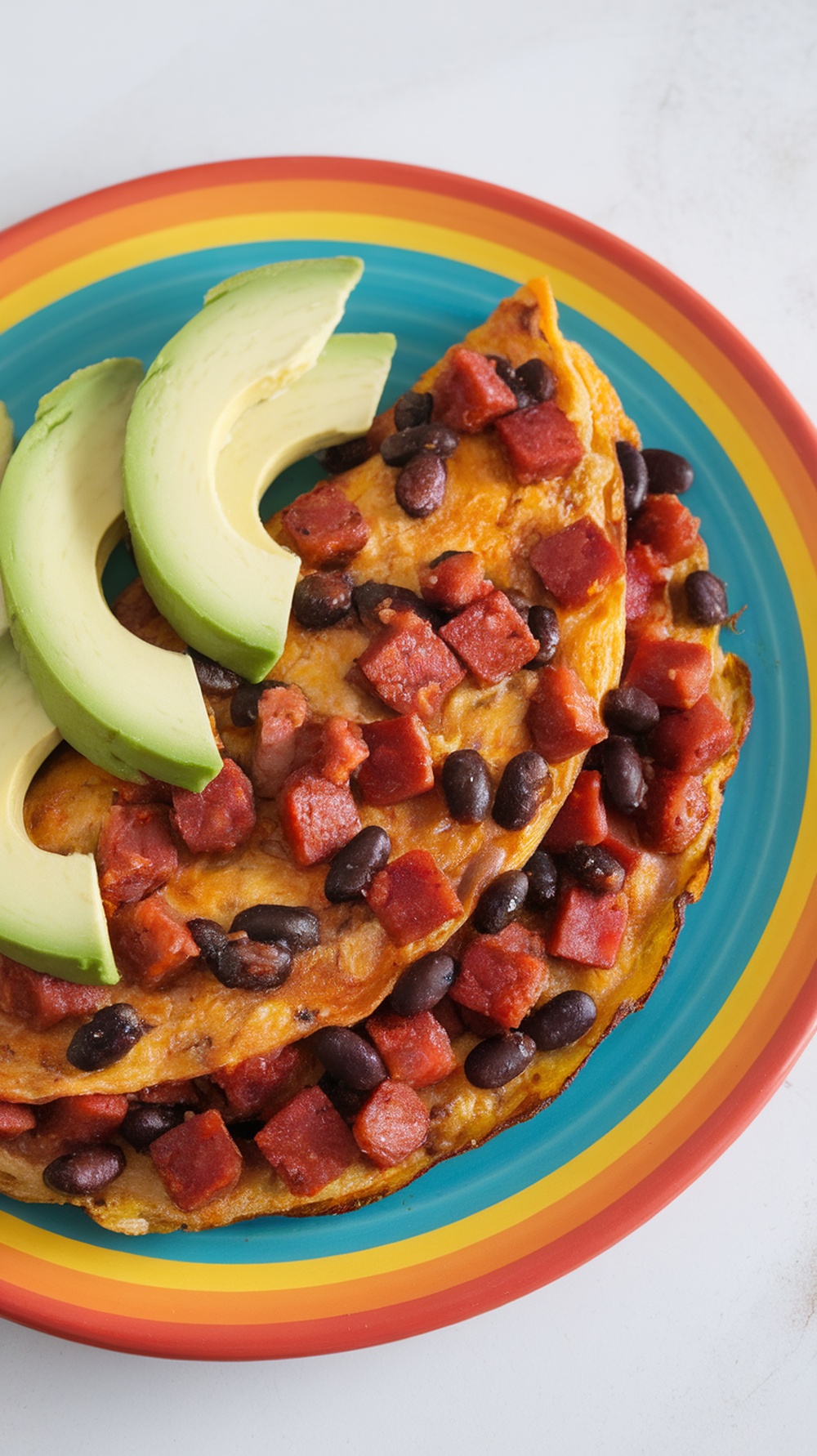Chorizo and black bean omelette served with avocado slices on a colorful plate.