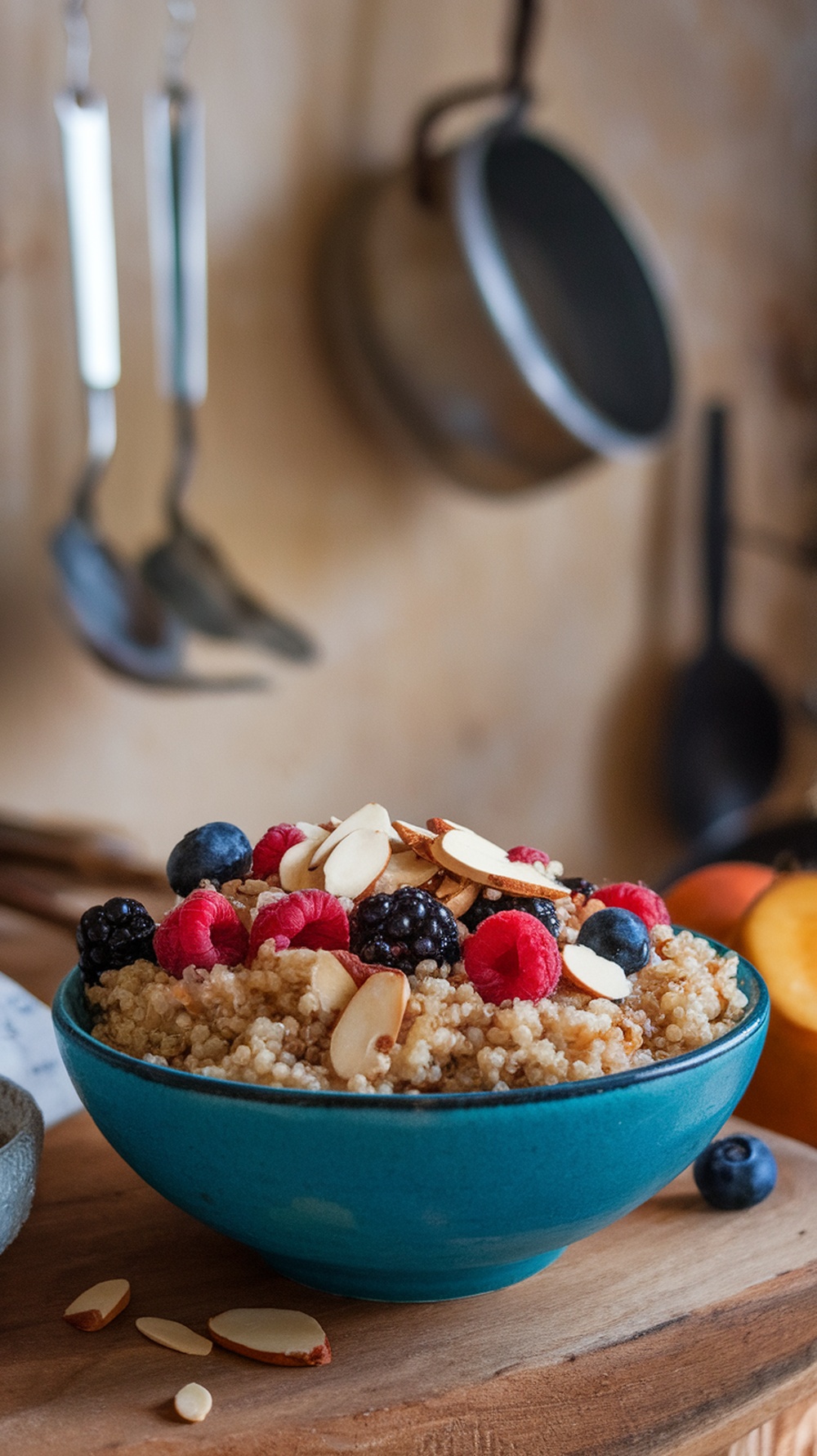 A vibrant quinoa breakfast bowl topped with fresh berries and almonds.