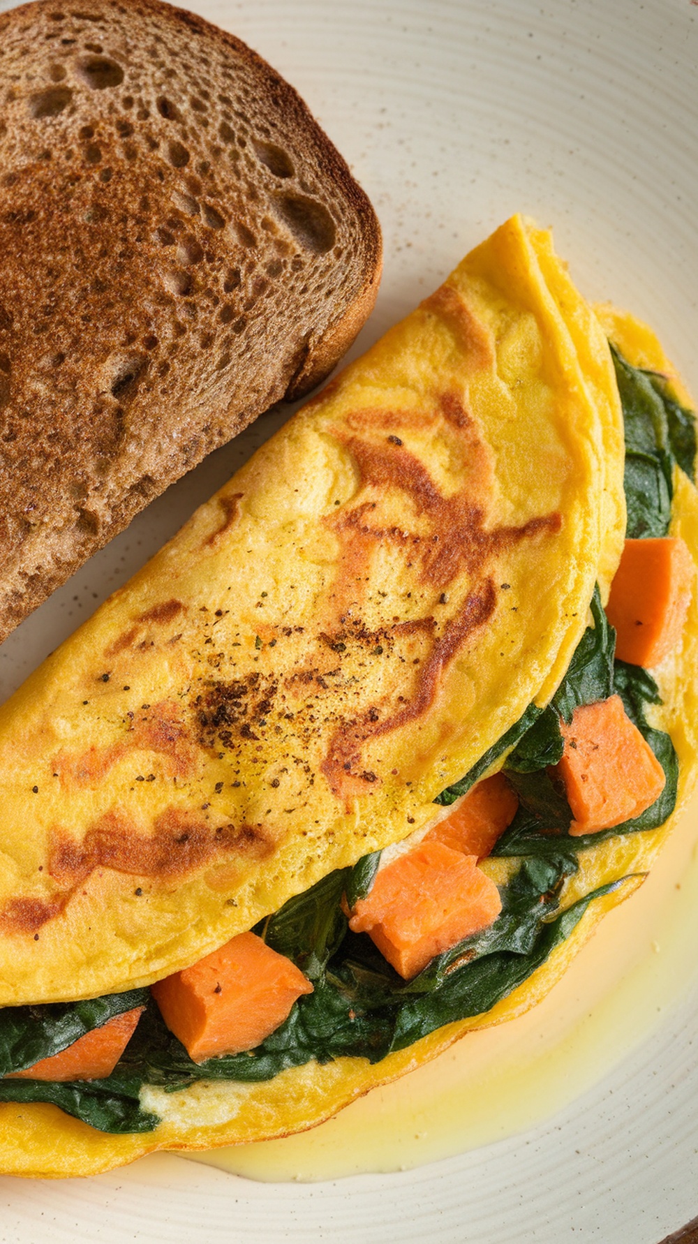 A delicious sweet potato and spinach omelette served with a slice of whole-grain toast.