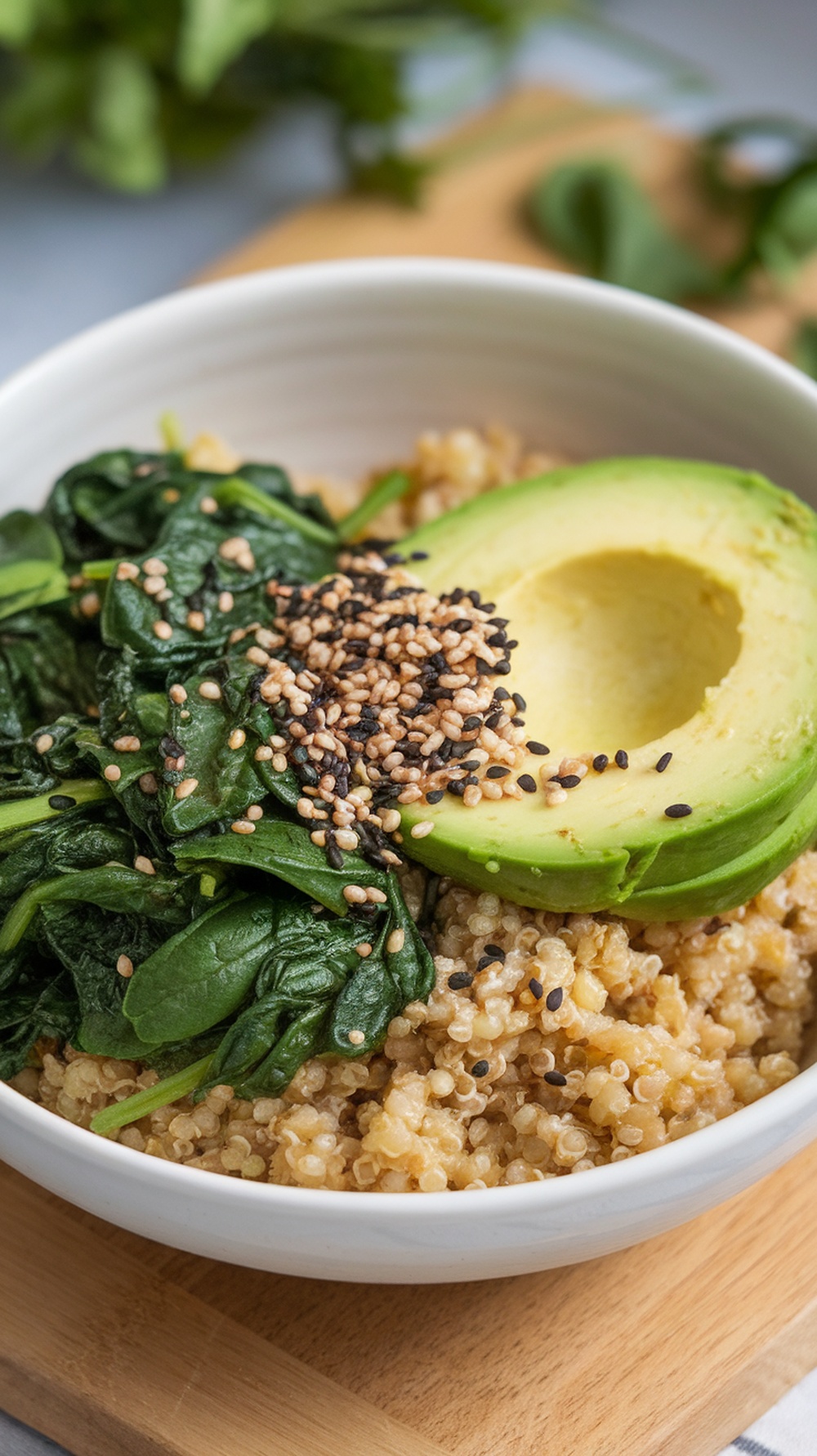 A quinoa breakfast bowl with spinach, avocado, and sesame seeds.