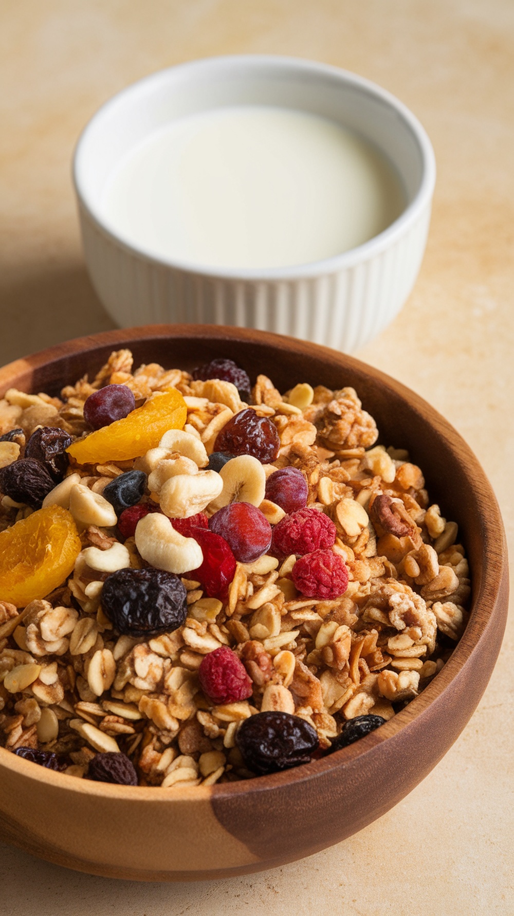 A bowl of fruit and nut granola with dried fruits and nuts, alongside a small bowl of milk.