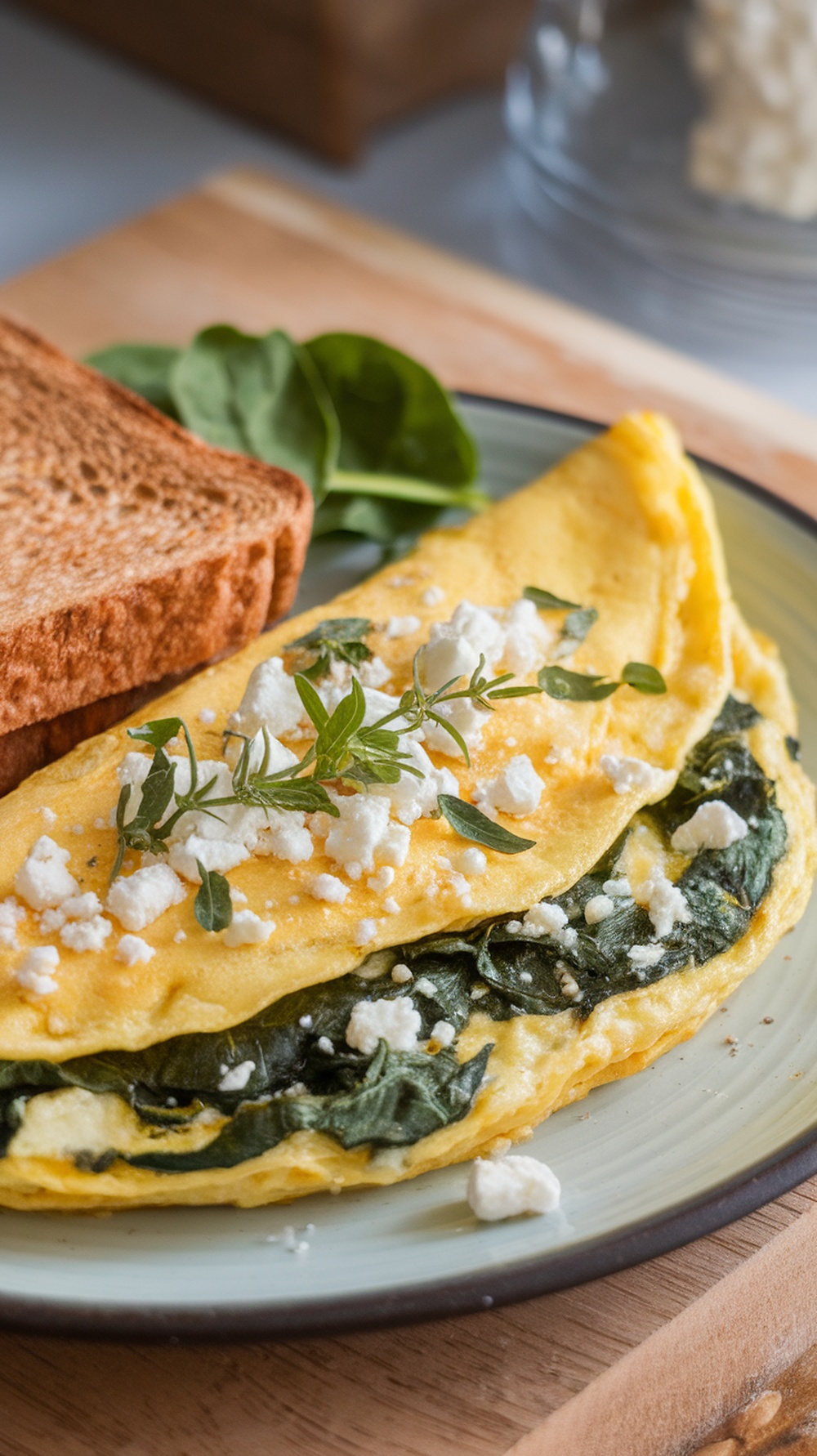 A savory spinach and feta omelette served with whole-grain toast and garnished with fresh herbs.