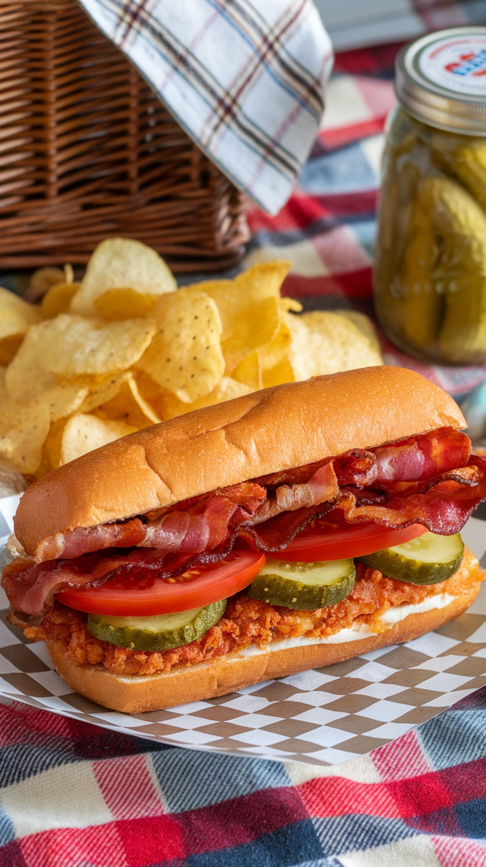 A Fried Pickle BLT sandwich with bacon, tomatoes, and pickles on a bun, served with potato chips.