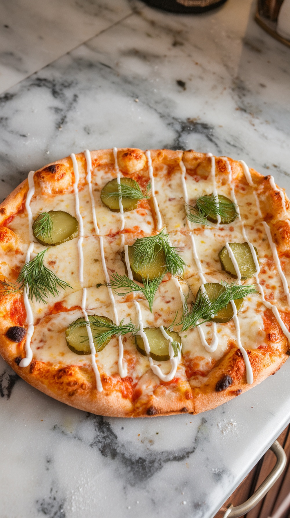 Creamy ranch dill pickle pizza with pickles and dill on a marble surface.