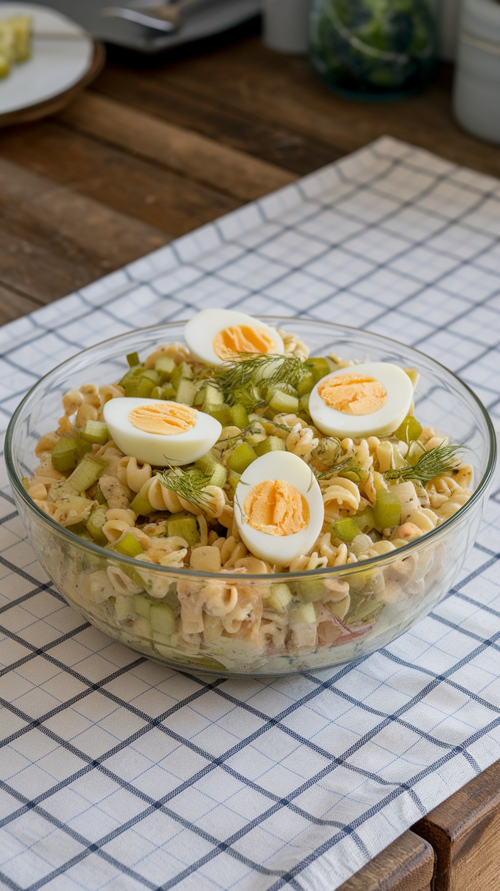 A bowl of classic dill pickle pasta salad with hard-boiled eggs on top, placed on a checkered tablecloth.