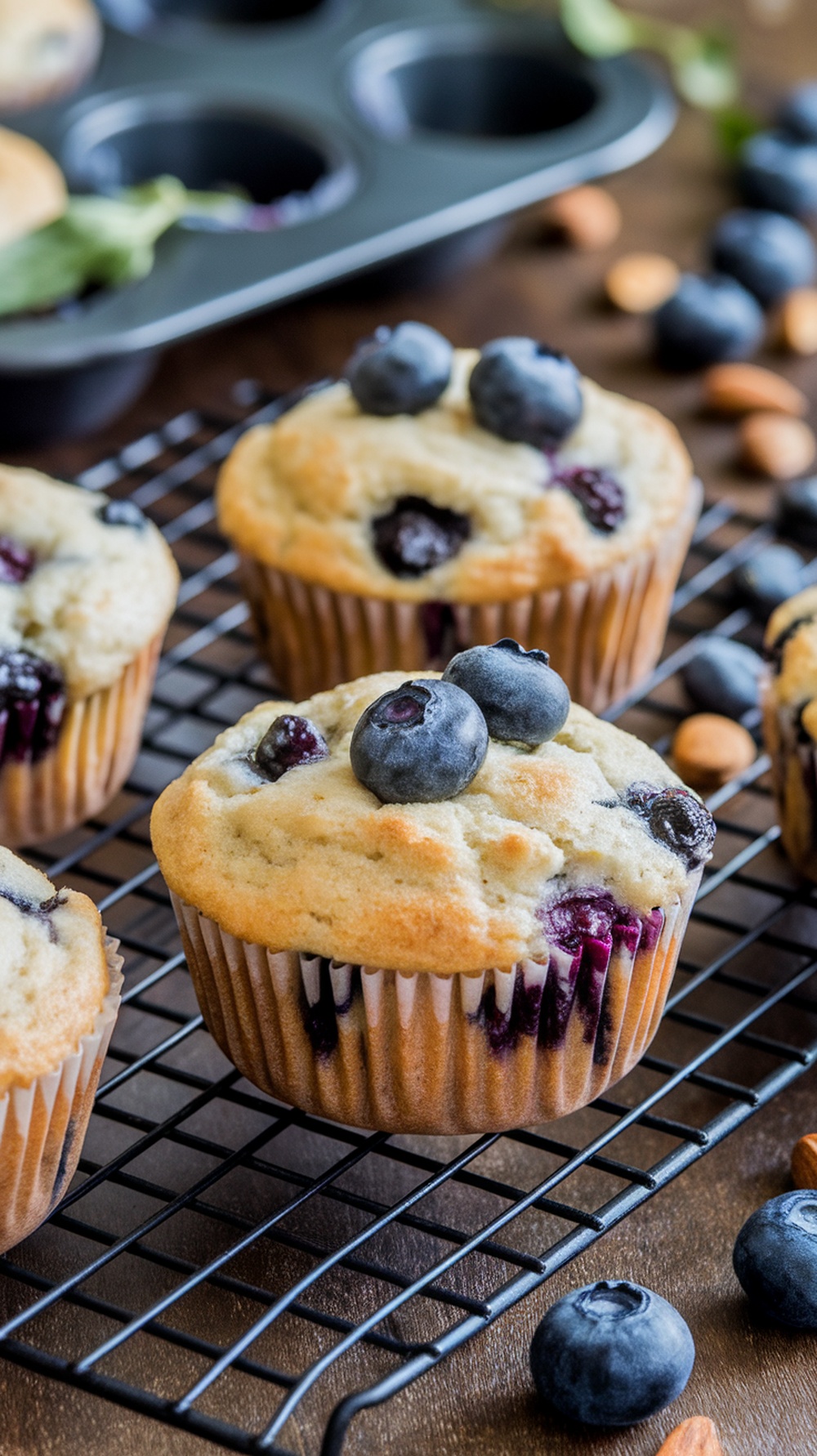 Blueberry almond flour muffins cooling on a wire rack with fresh blueberries and almonds scattered around.
