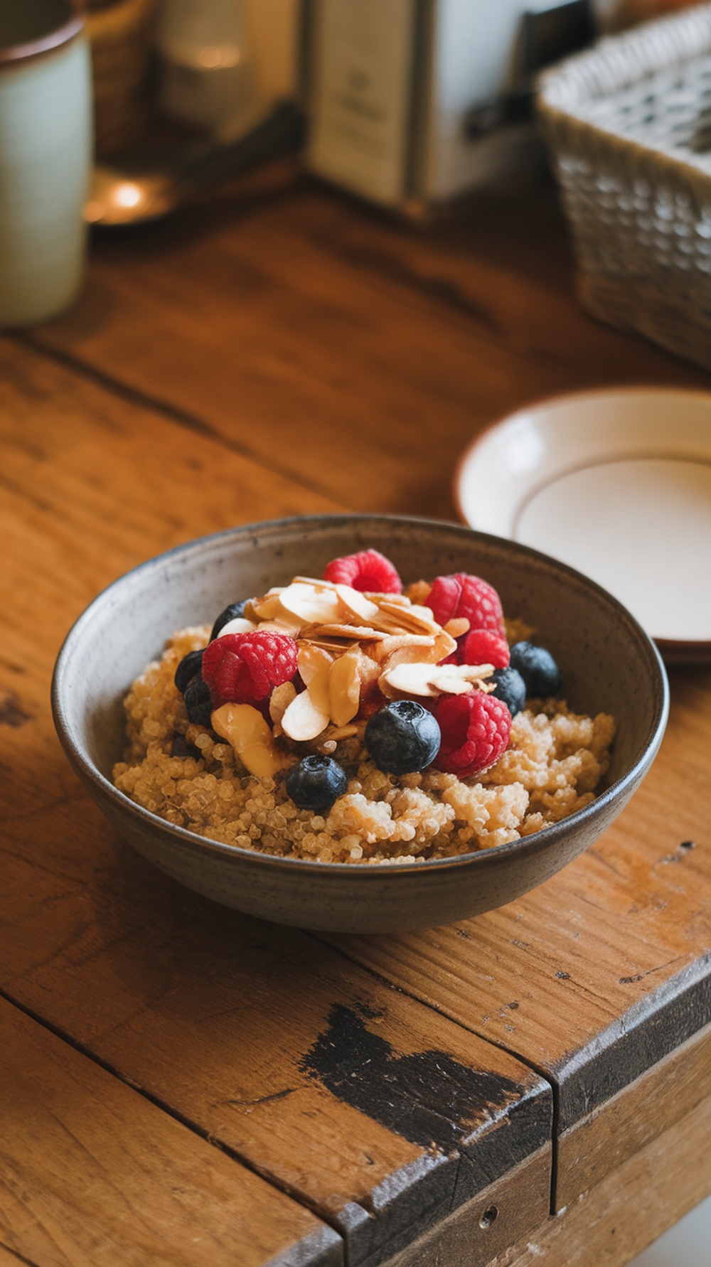 A quinoa breakfast bowl topped with almonds and fresh berries on a wooden table.