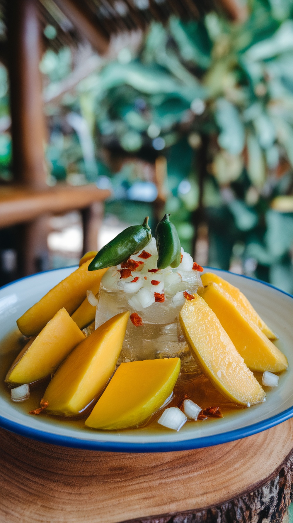 A plate of Filipino Aam Na Mangga with sliced mangoes, ice, onions, and chili peppers.