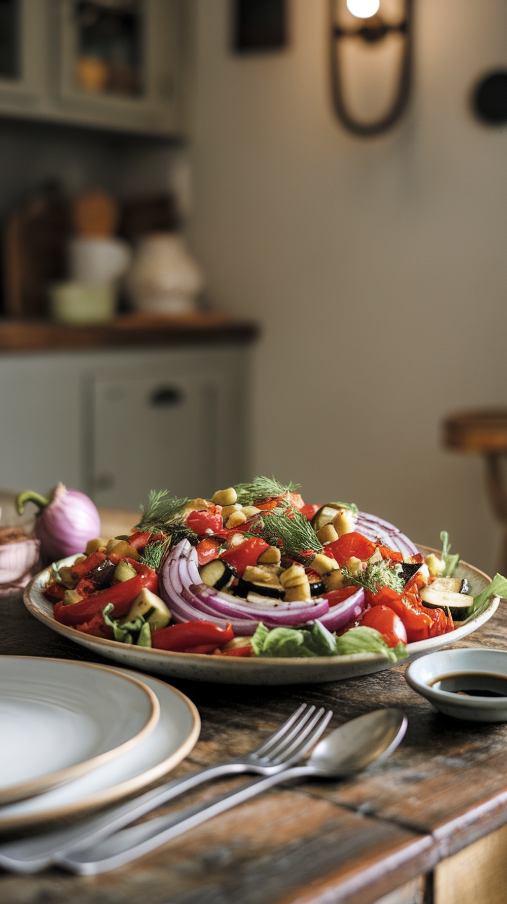 A colorful Dill Pickle and Roasted Vegetable Salad on a rustic wooden table, featuring vibrant vegetables and dill pickles.