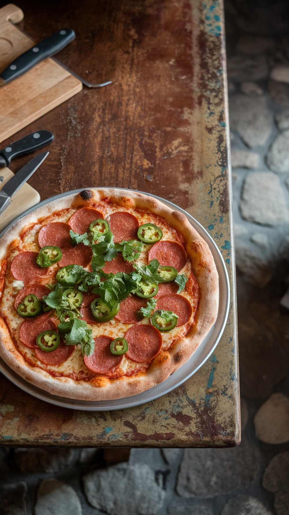 A delicious pizza topped with pepperoni, jalapeños, and fresh dill on a rustic table.